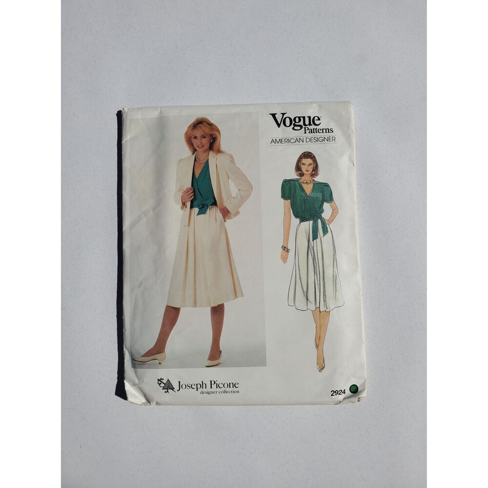 1980s Joseph Picone Jacket, Skirt & Blouse Pattern w/ Belt – Vogue, Size 10, Unc